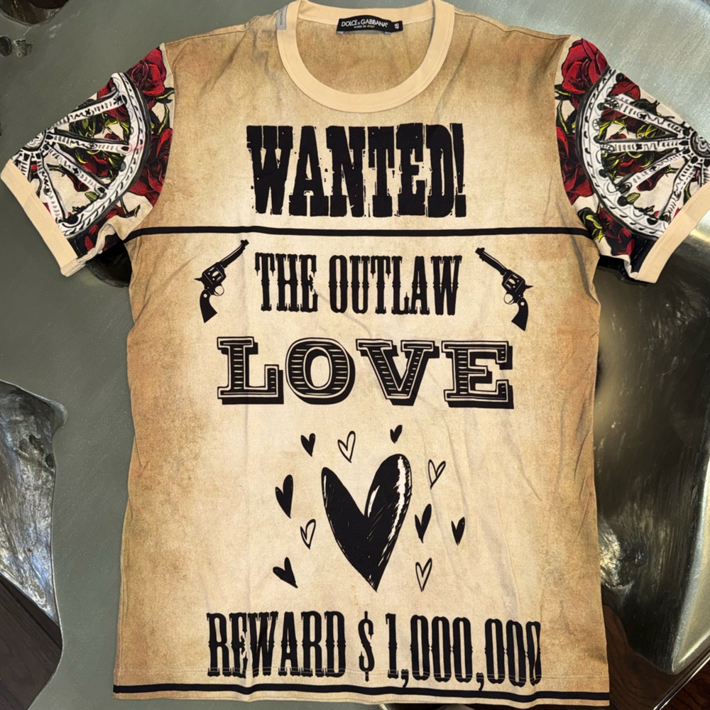 Dolce & Gabbana Beige Graphic Tee with Black and Red Accents
